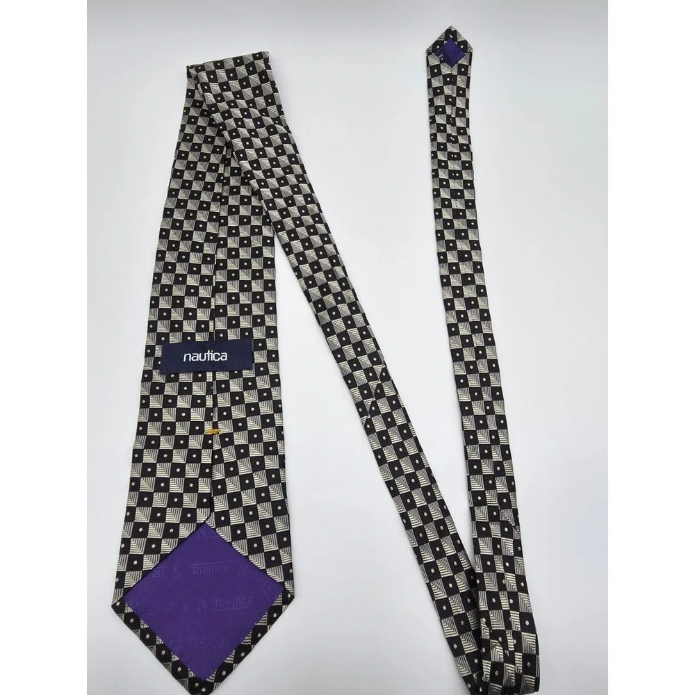 Vintage Nautica Men's Black Tan Gray Silk Geometric Tie Necktie 57